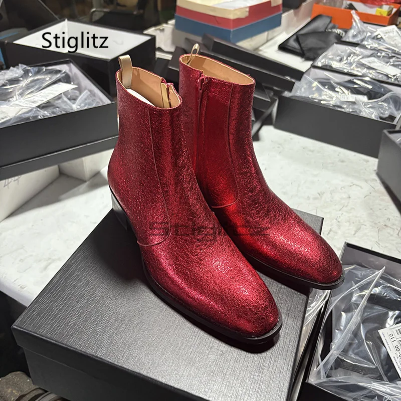 Men Shoes Size 11 - Czerwone męskie botki Chelsea ze skóry